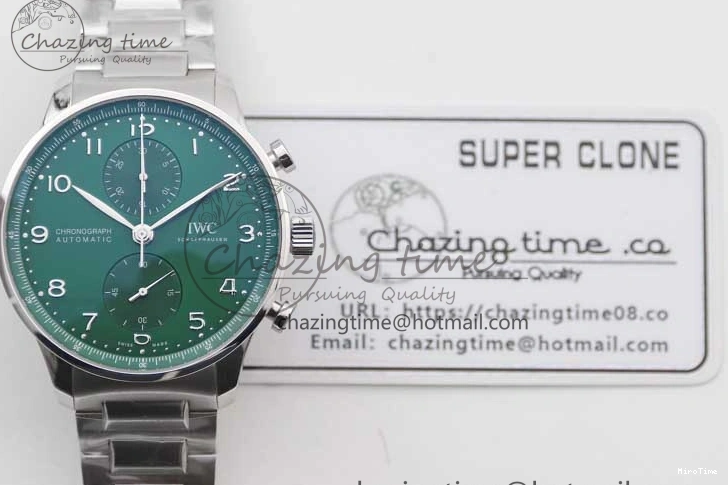 MIROTIME 1223 FastDry Portugieser Chronograph IW371615 ZF Best Edition Green Dial on SS Bracelet A7750 (Slim Movement) 7038